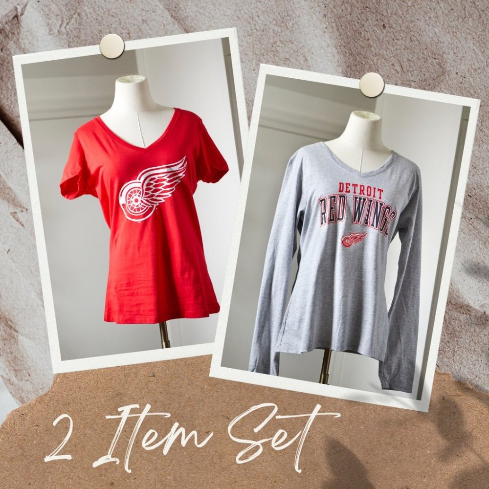 Detroit Red Wings T Shirt Set | Longsleeve (grey) + Short (red) - Official NHL